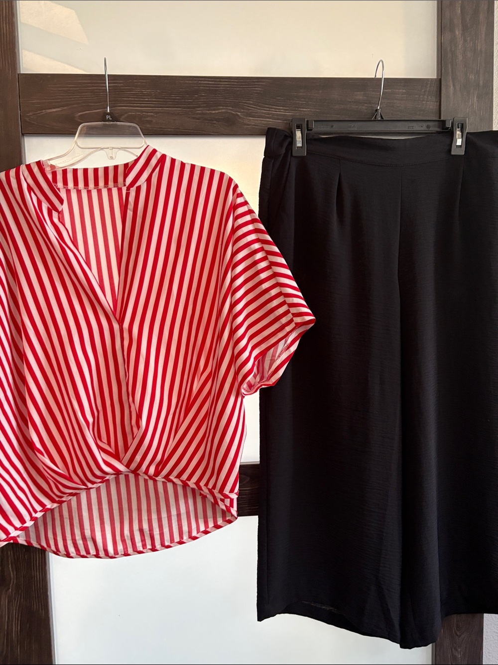 Red & White Striped Twist Front Blouse with Black Midi Skirt